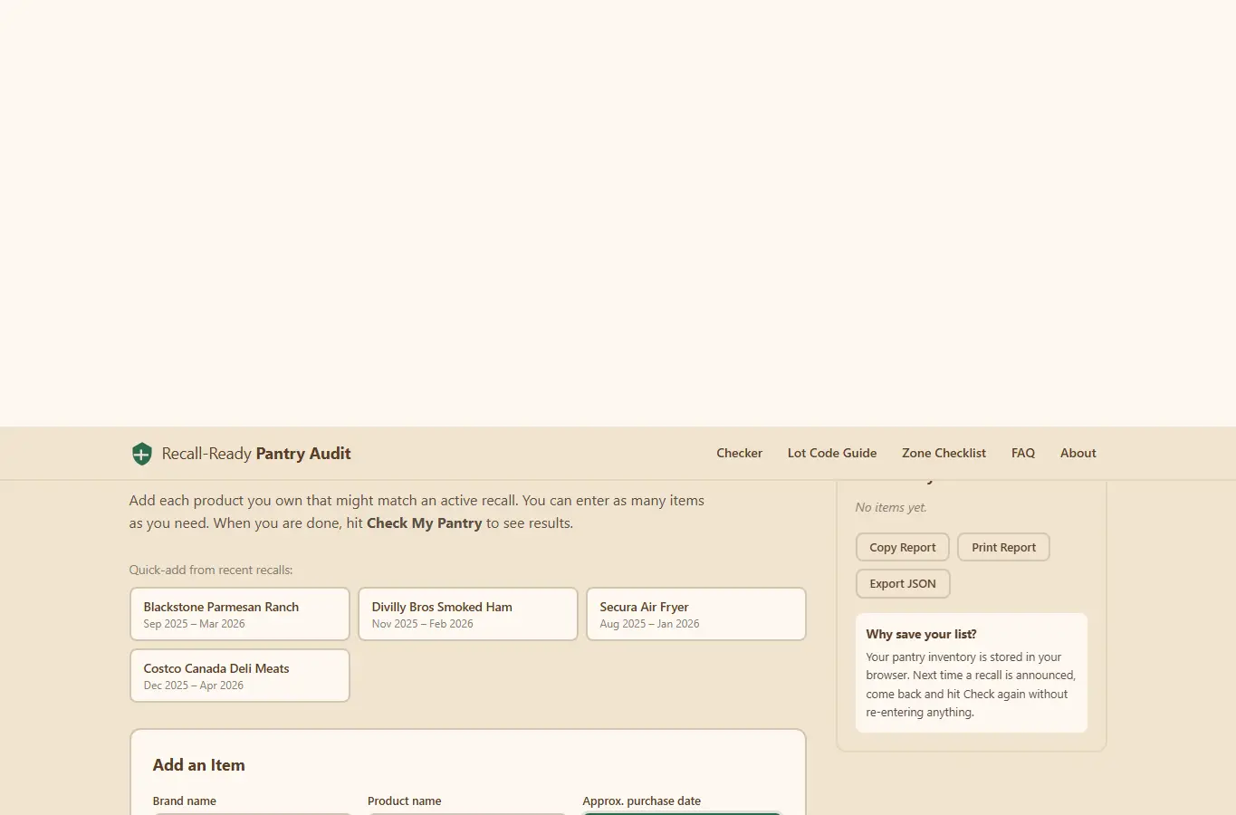 Screenshot of Recall-Ready Pantry Audit interface showing the project page in use